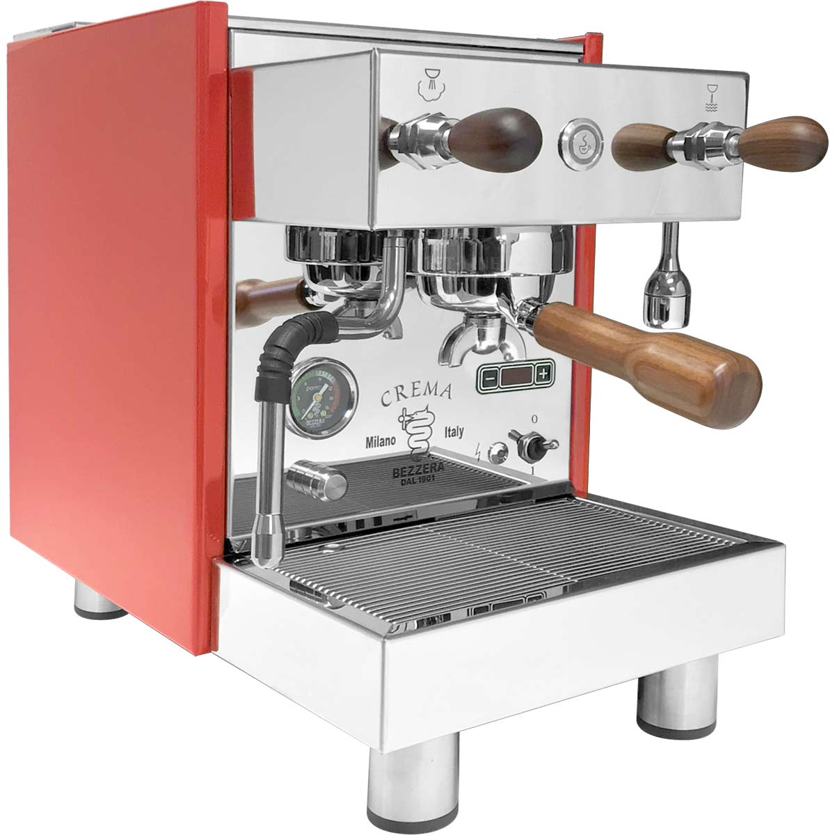 Stainless steel espresso machine with wooden handles and dual spouts