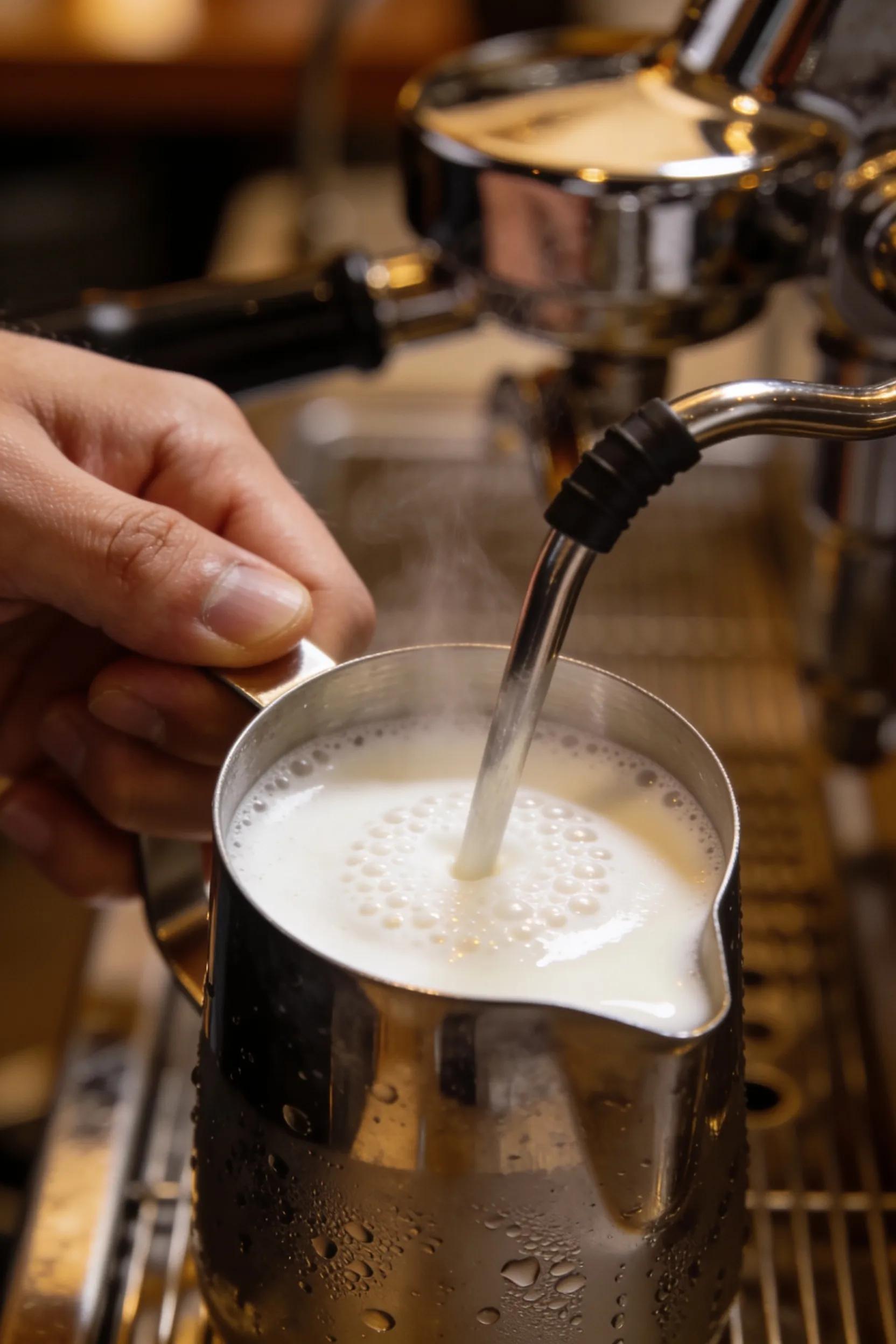Barista steaming milk to create microfoam for latte art
