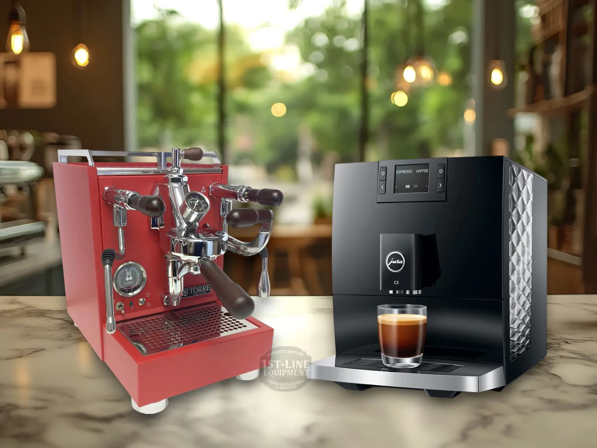 Two compact small footprint espresso machines Torre Luigino HX in red and Jura C3 in black