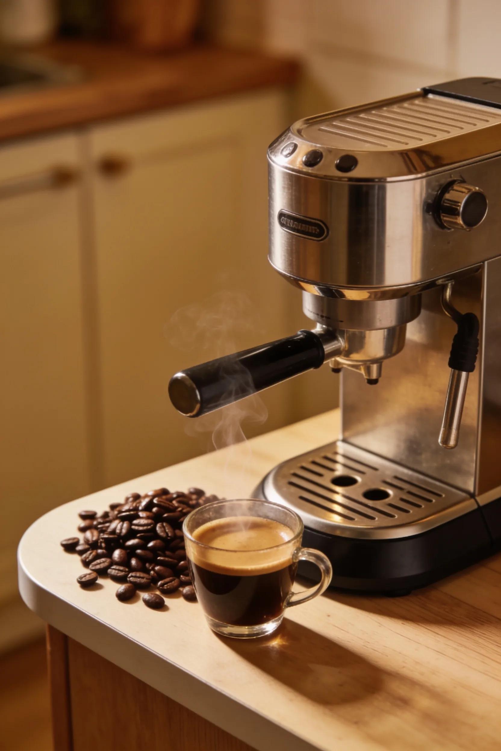 Compact espresso machine on a small kitchen countertop with coffee beans and a steaming cup of espresso