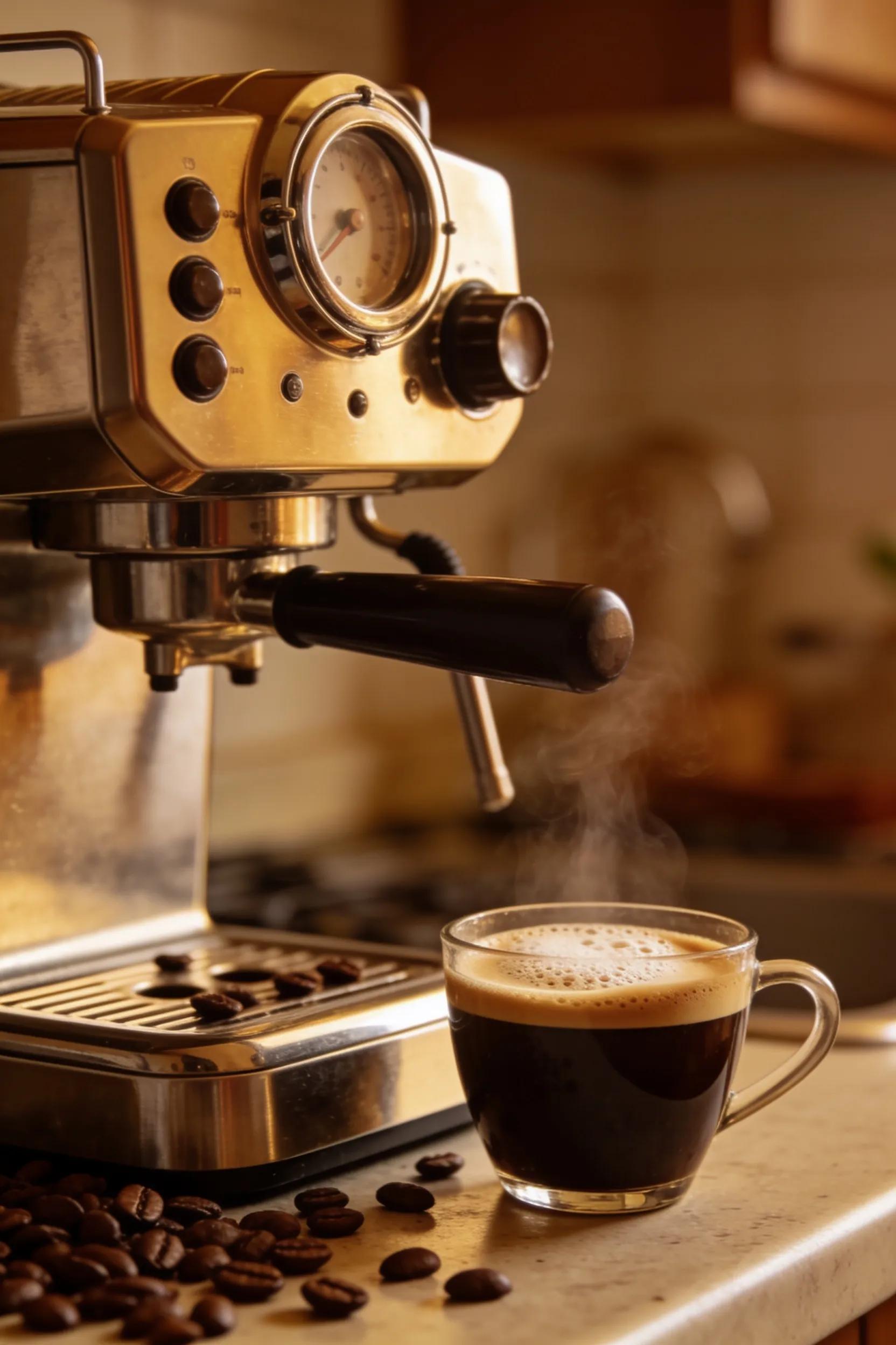 Modern espresso machine on a kitchen countertop with coffee beans and a steaming cup of espresso