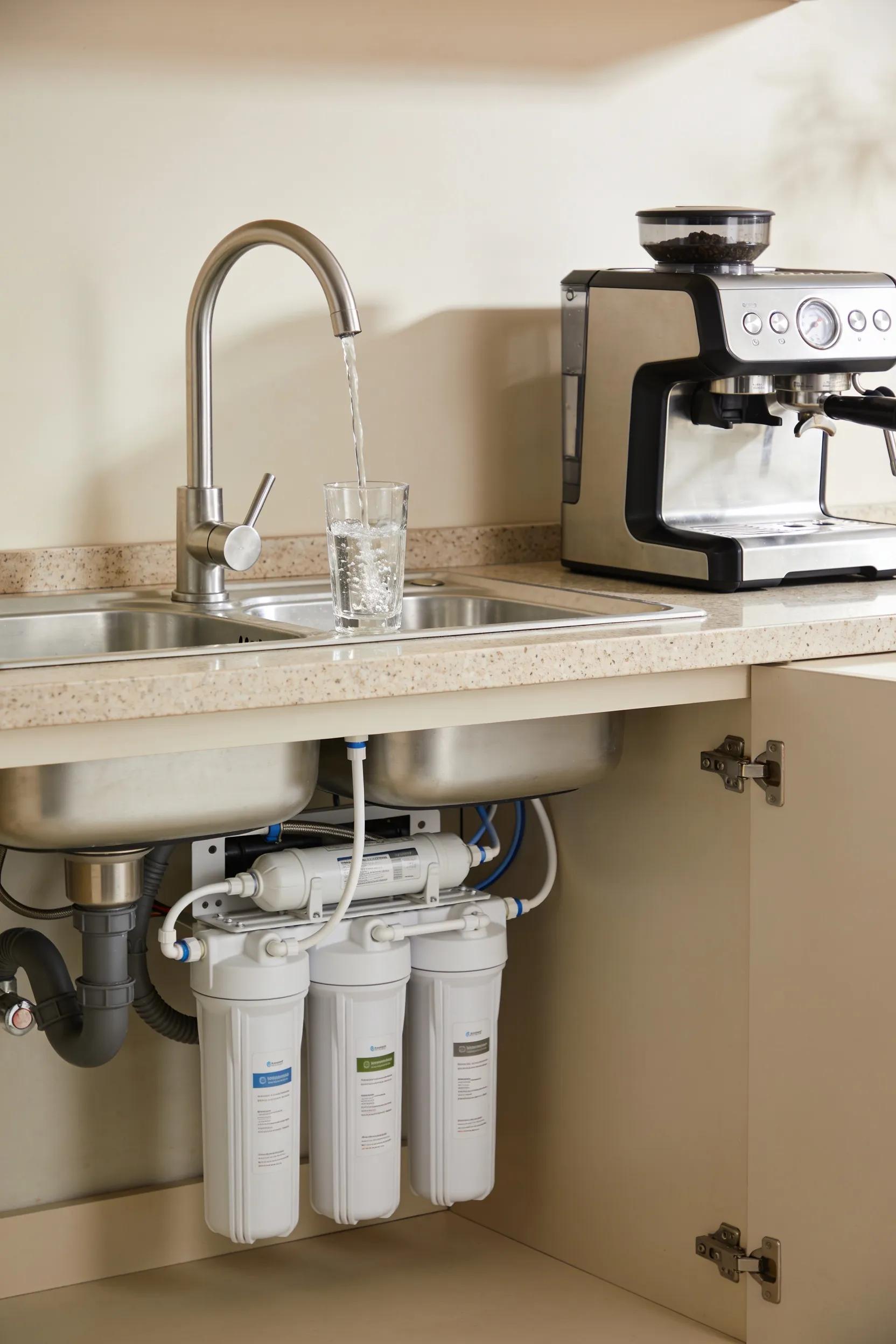 Water filtration system under a kitchen sink with filtered water coming out of the faucet and an espresso machine on the counter top